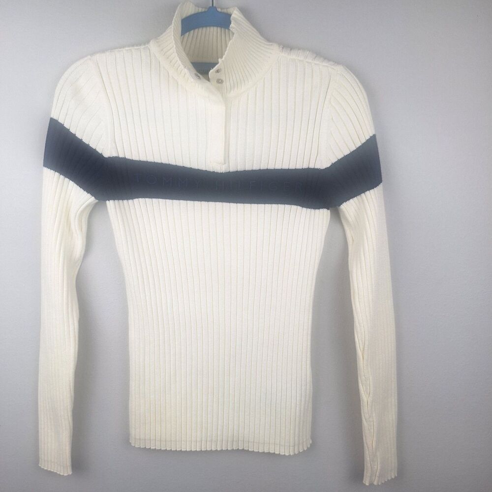 Tommy Hilfiger Ribbed Spellout Logo Sweater White Snap Button Y2K Style
